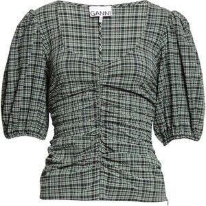 NWT Ganni Check Ruched Stretch Seersucker Blouse Mini Check Green Size Medium 38